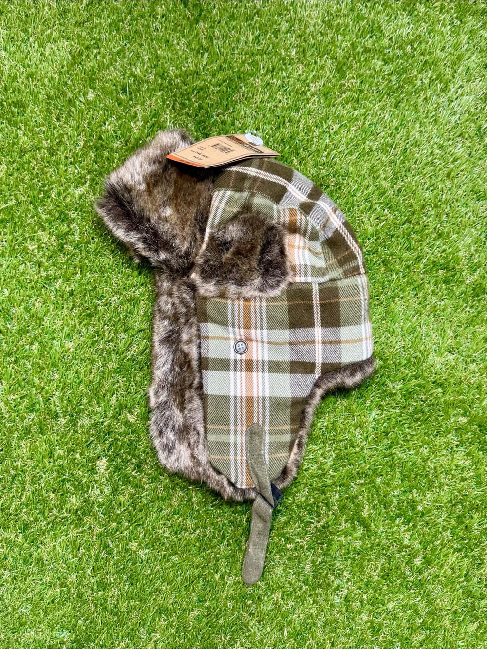 Ruff Hewn Faux Fur Plaid Trapper Hat Moss Brown Green Ear Flap & Chin Strap